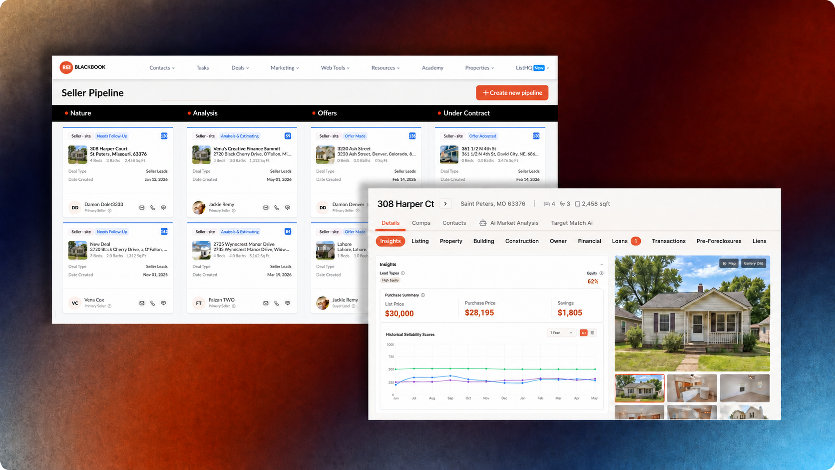 REI BlackBook Seller Pipeline with property summary view